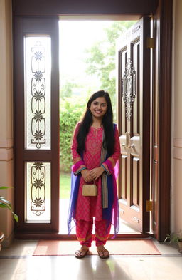 A Pakistani girl standing at the front door of her house, dressed in traditional attire, with vibrant colors and intricate patterns