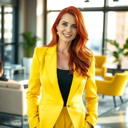 A sexy Russian female marketer aged 45-50 with long, vibrant red hair styled in a fashionable and contemporary way