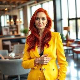 A sexy Russian female marketer aged 45-50 with long, vibrant red hair styled in a fashionable and contemporary way