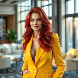 A sexy Russian female marketer aged 45-50 with long, vibrant red hair styled in a fashionable and contemporary way