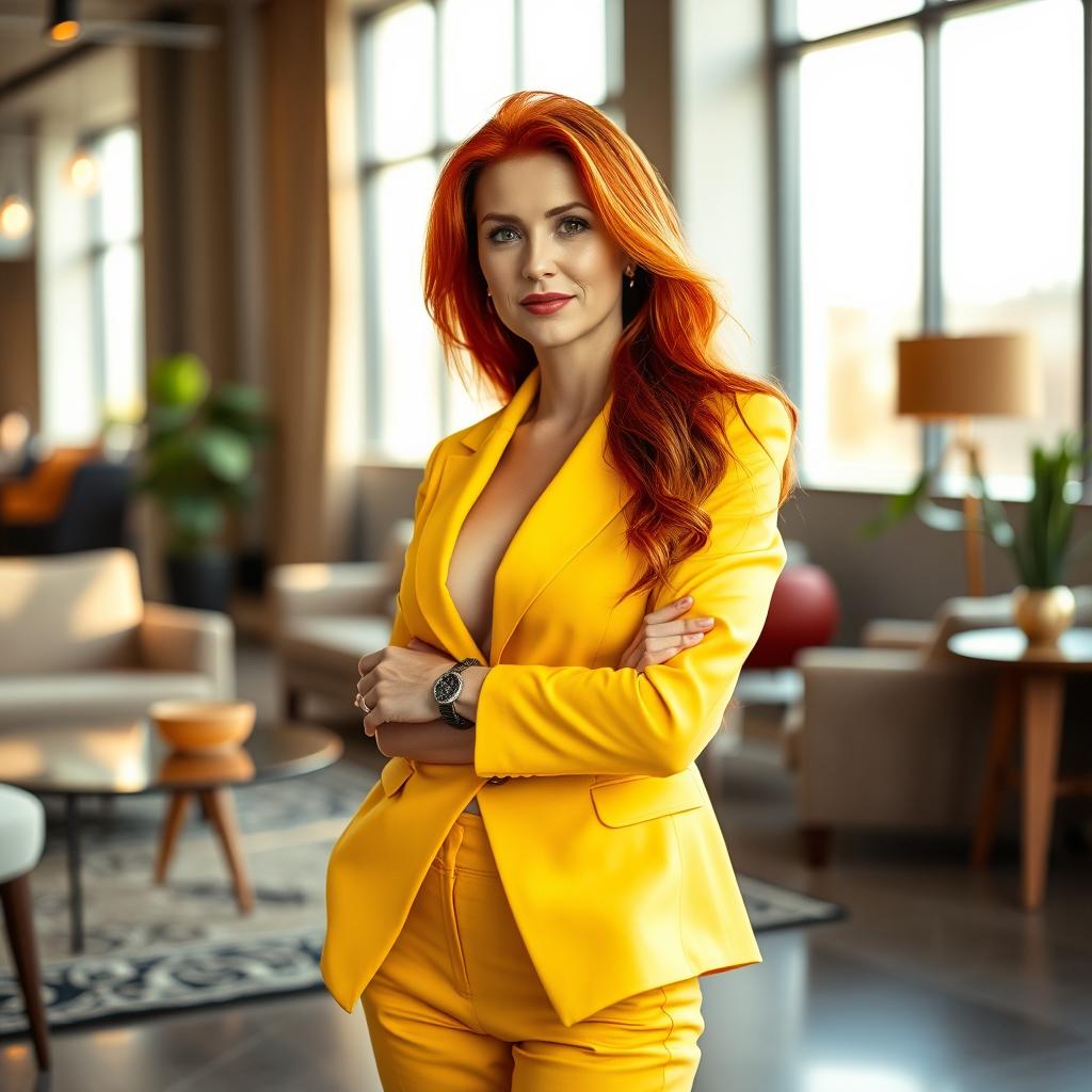 A sexy Russian female marketer aged 45-50 with long, vibrant red hair styled in a fashionable and contemporary way