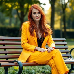 A sexy Russian female marketer aged 45-50 with long, vibrant red hair styled in a fashionable way, sitting elegantly on a park bench