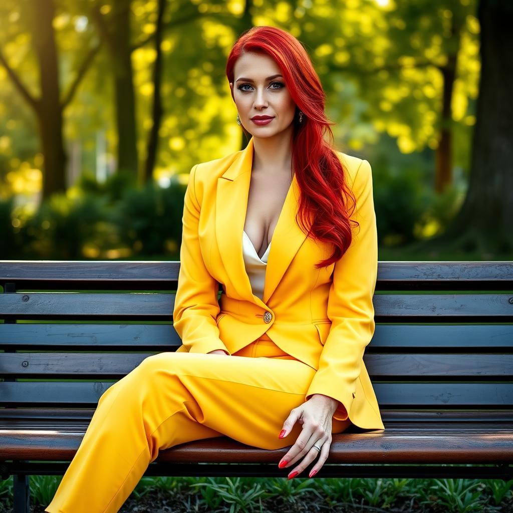 A sexy Russian female marketer aged 45-50 with long, vibrant red hair styled in a fashionable way, sitting elegantly on a park bench