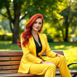 A sexy Russian female marketer aged 45-50 with long, vibrant red hair styled in a fashionable way, sitting elegantly on a park bench