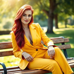 A sexy Russian female marketer aged 45-50 with long, vibrant red hair styled in a fashionable way, sitting elegantly on a park bench