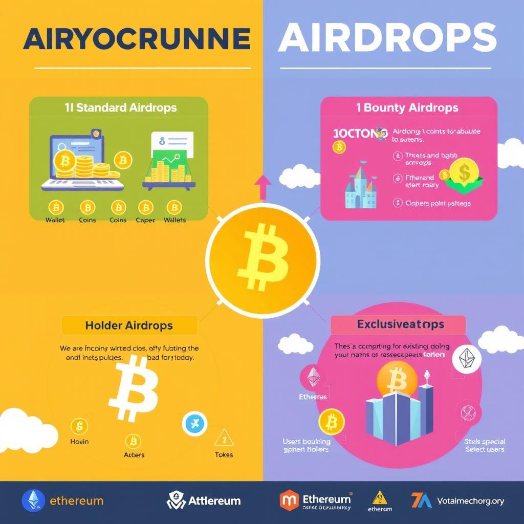 A visually appealing infographic depicting various types of cryptocurrency airdrops