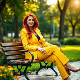 A sexy Russian female marketer aged 45-50 with long, vibrant red hair styled in a fashionable way, sitting gracefully on a park bench