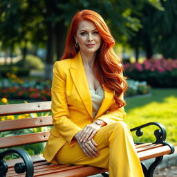 A sexy Russian female marketer aged 45-50 with long, vibrant red hair styled in a fashionable way, sitting gracefully on a park bench