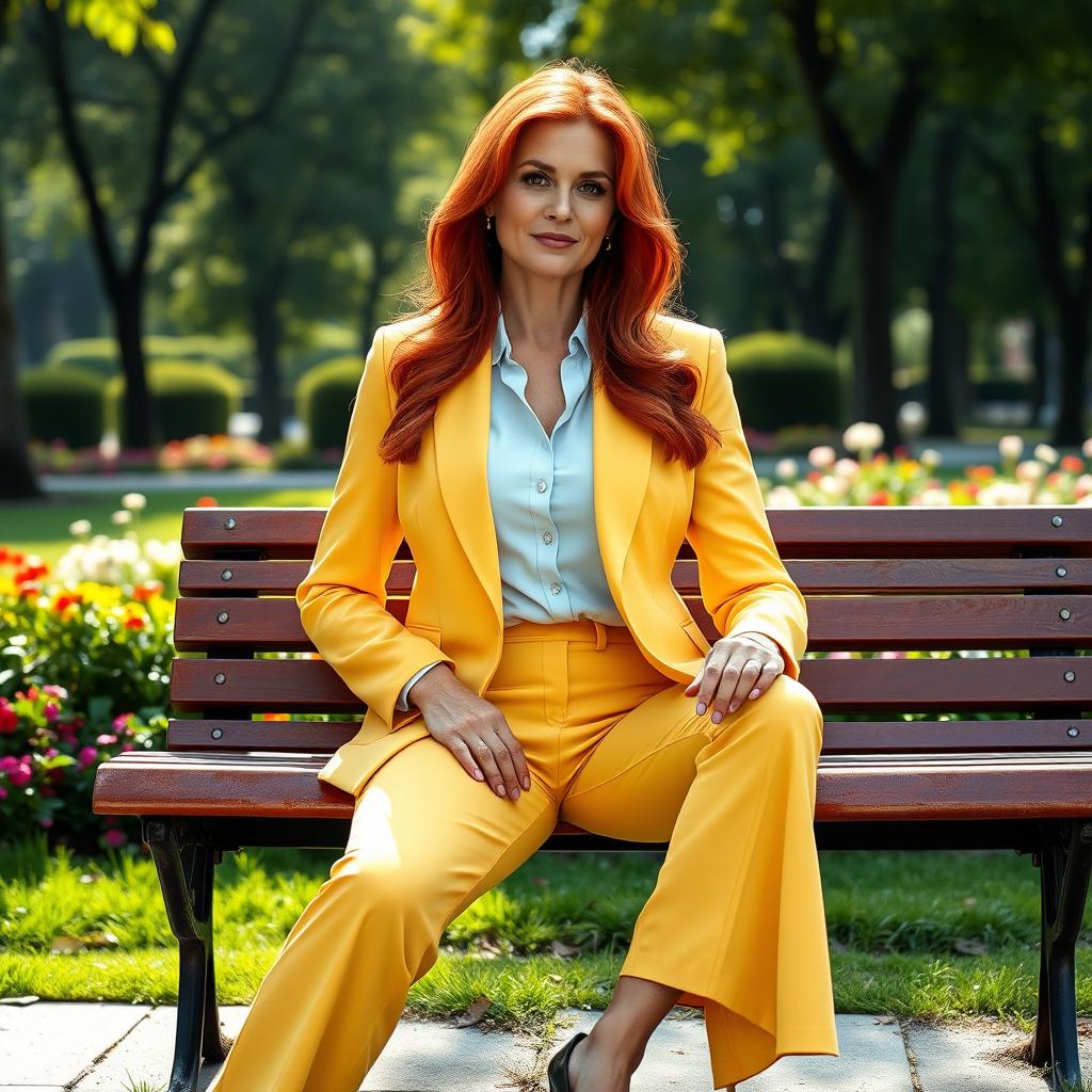 A sexy Russian female marketer aged 45-50 with long, vibrant red hair styled in a fashionable way, sitting gracefully on a park bench