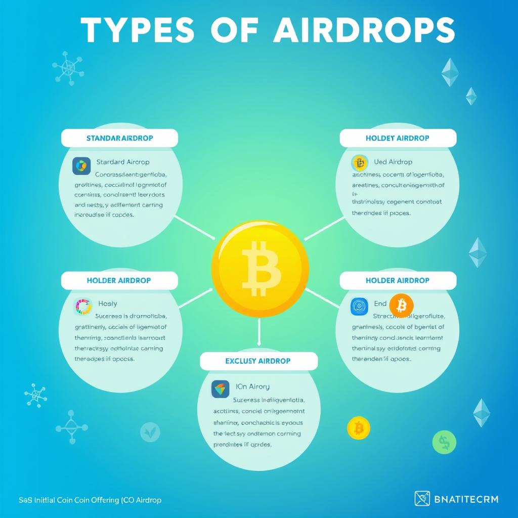 A visually engaging infographic depicting various types of airdrops in cryptocurrency