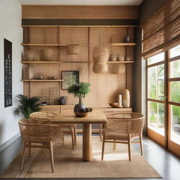 An industrially designed dining room featuring bamboo and rattan décor.