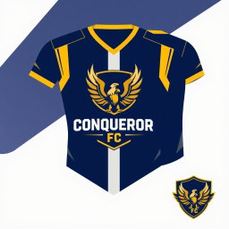 Design a unique jersey and logo for 'Conqueror FC', a football club embodying dominant football and competitive spirit