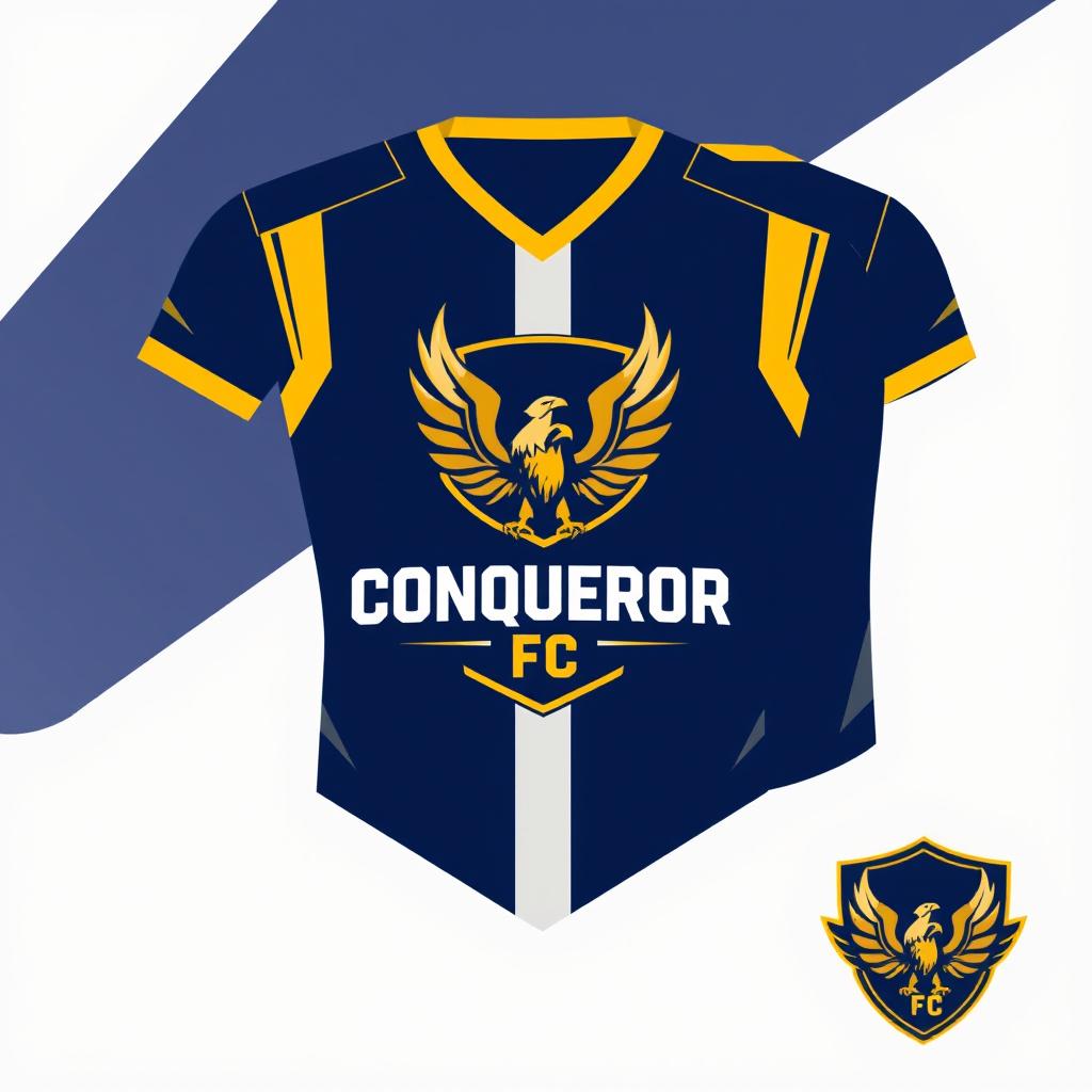 Design a unique jersey and logo for 'Conqueror FC', a football club embodying dominant football and competitive spirit
