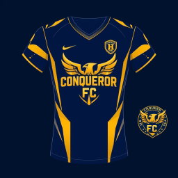 Design a unique jersey and logo for 'Conqueror FC', a football club embodying dominant football and competitive spirit