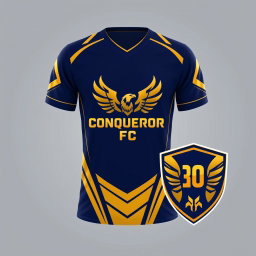 Design a unique jersey and logo for 'Conqueror FC', a football club embodying dominant football and competitive spirit