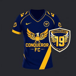 Design a unique jersey and logo for 'Conqueror FC', a football club embodying dominant football and competitive spirit