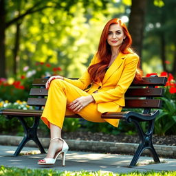 A sexy Russian female marketer aged 45-50 with long, vibrant red hair styled in a fashionable way, sitting gracefully on a park bench
