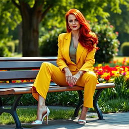 A sexy Russian female marketer aged 45-50 with long, vibrant red hair styled in a fashionable way, sitting gracefully on a park bench