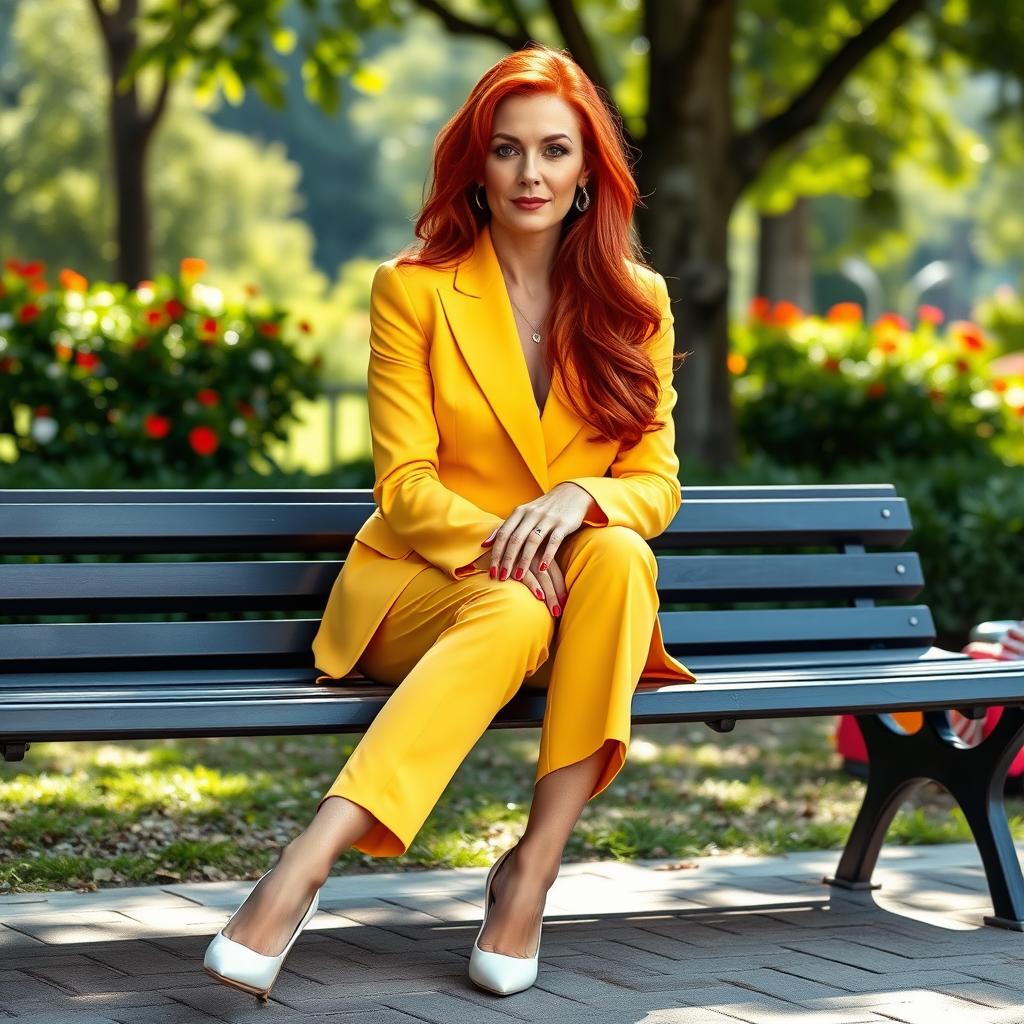 A sexy Russian female marketer aged 45-50 with long, vibrant red hair styled in a fashionable way, sitting gracefully on a park bench