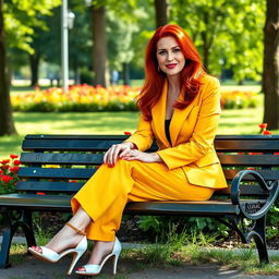 A sexy Russian female marketer aged 45-50 with long, vibrant red hair styled in a fashionable way, sitting gracefully on a park bench