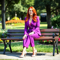 A sexy Russian female marketer aged 45-50 with long, vibrant red hair styled in a fashionable way, sitting gracefully on a park bench