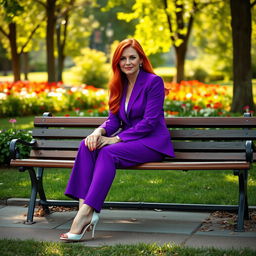 A sexy Russian female marketer aged 45-50 with long, vibrant red hair styled in a fashionable way, sitting gracefully on a park bench