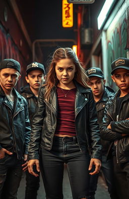 A striking scene featuring a confident girl surrounded by tough-looking boys who are members of a gang, set in an urban environment