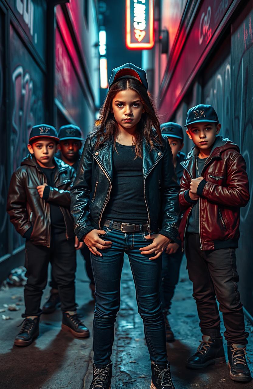 A striking scene featuring a confident girl surrounded by tough-looking boys who are members of a gang, set in an urban environment