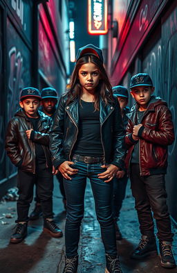 A striking scene featuring a confident girl surrounded by tough-looking boys who are members of a gang, set in an urban environment