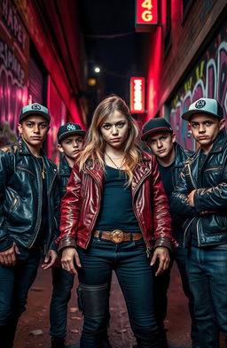 A striking scene featuring a confident girl surrounded by tough-looking boys who are members of a gang, set in an urban environment