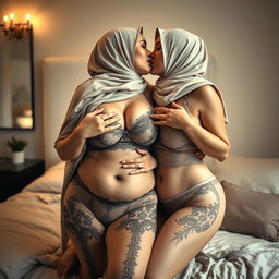 A luxurious and intimate scene featuring two voluptuous, fully dressed women, both wearing beautiful, stylish hijabs