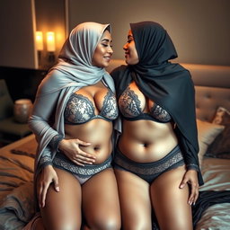 A luxurious and intimate scene featuring two voluptuous, fully dressed women, both wearing beautiful, stylish hijabs