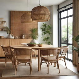 An industrially designed dining room featuring bamboo and rattan décor.