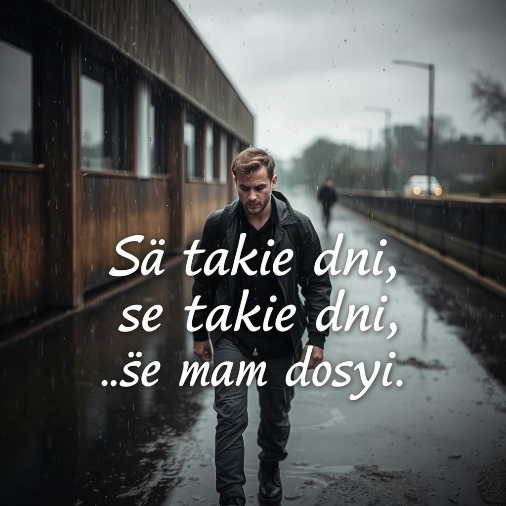 A person walking through a rain-soaked environment, with raindrops falling gently around them
