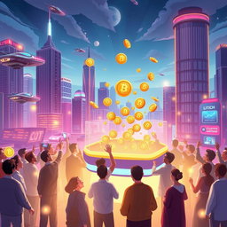 An imaginative illustration depicting the concept of exclusive airdrops in a futuristic cityscape