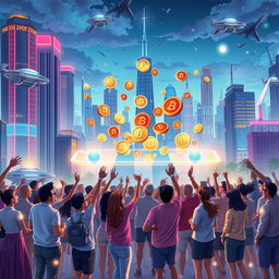 An imaginative illustration depicting the concept of exclusive airdrops in a futuristic cityscape