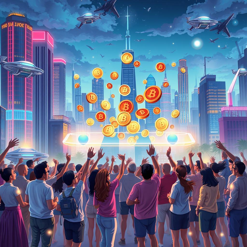 An imaginative illustration depicting the concept of exclusive airdrops in a futuristic cityscape