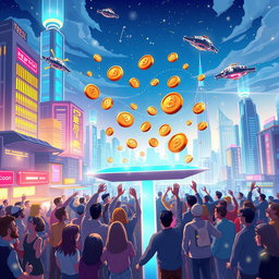 An imaginative illustration depicting the concept of exclusive airdrops in a futuristic cityscape