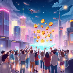 An imaginative illustration depicting the concept of exclusive airdrops in a futuristic cityscape