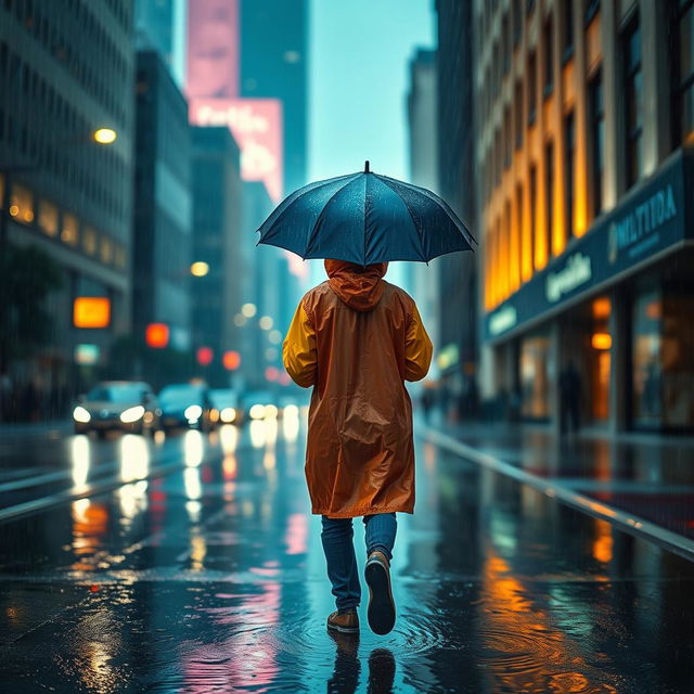 A person walking through pouring rain, wearing a colorful raincoat and holding an umbrella
