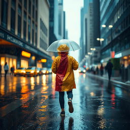 A person walking through pouring rain, wearing a colorful raincoat and holding an umbrella