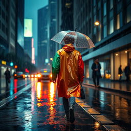 A person walking through pouring rain, wearing a colorful raincoat and holding an umbrella