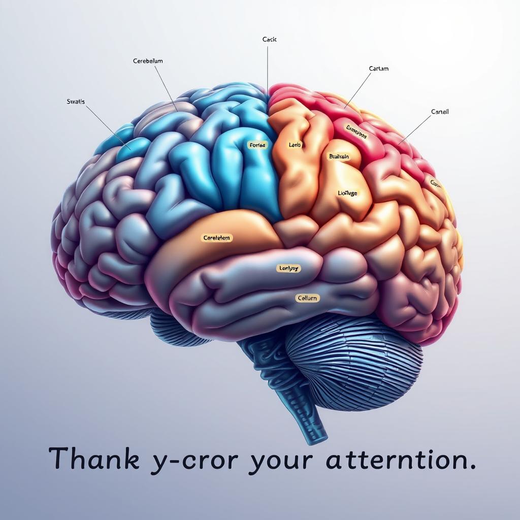 A highly detailed and scientifically accurate illustration of the human brain, showcasing its intricate structure and various regions such as the cerebral cortex, cerebellum, and brainstem