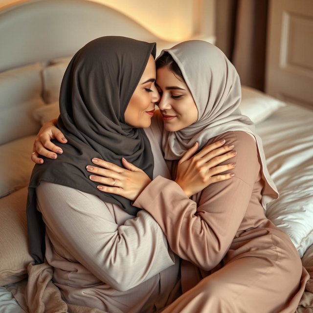 A sensual scene featuring two beautiful women in their mid-40s and late-teens, both wearing hijabs and embracing each other on a bed