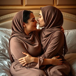 A sensual scene featuring two beautiful women in their mid-40s and late-teens, both wearing hijabs and embracing each other on a bed