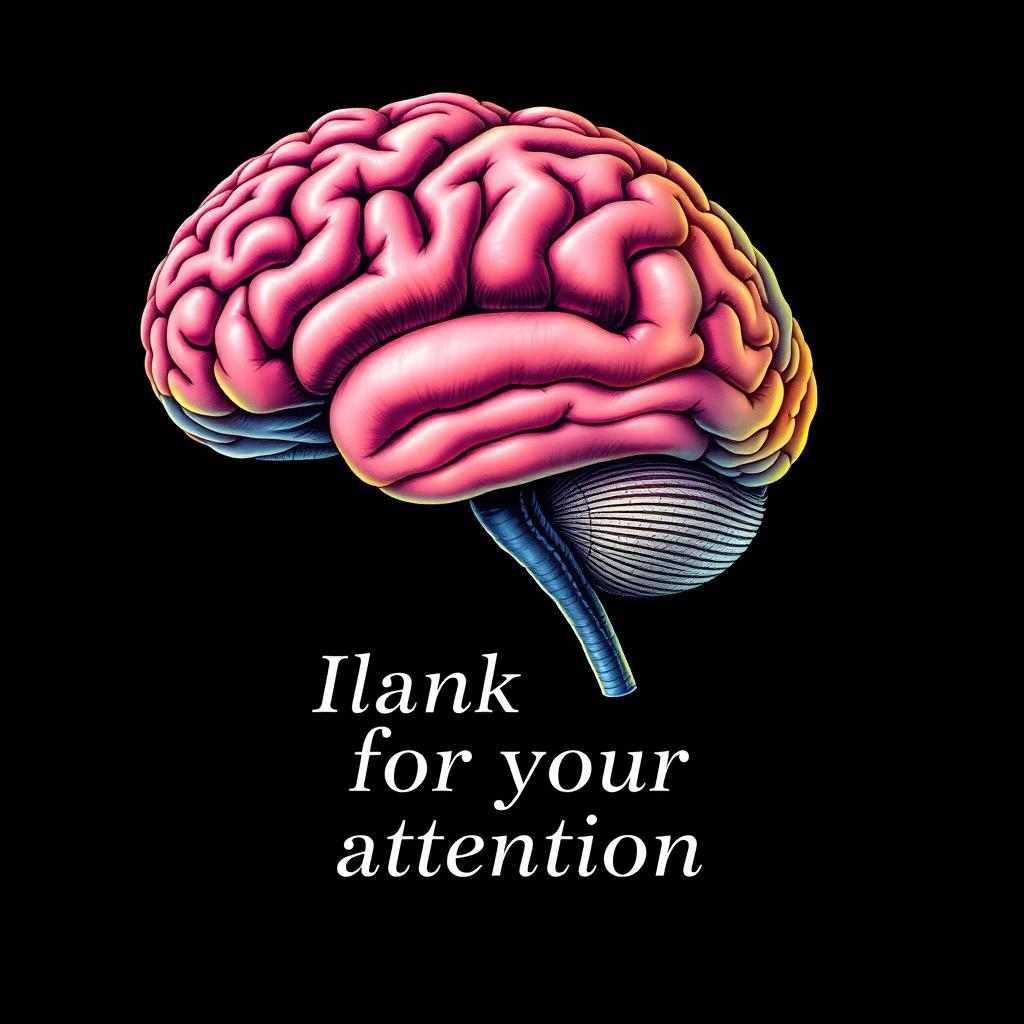 A highly detailed illustration of the human brain, prominently displayed against a stark black background