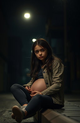 A young brunette girl, aged around 17, looking thoughtfully concerned while seated on a curb in a dark, atmospheric street