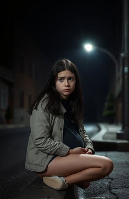 A young brunette girl, aged around 17, looking thoughtfully concerned while seated on a curb in a dark, atmospheric street