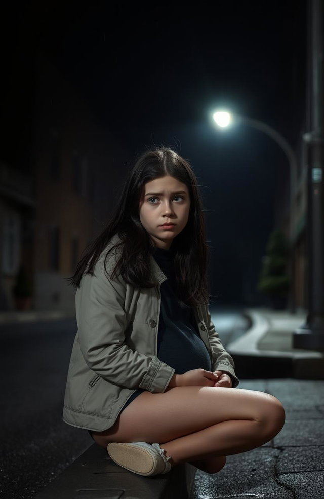 A young brunette girl, aged around 17, looking thoughtfully concerned while seated on a curb in a dark, atmospheric street