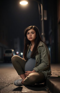 A young brunette girl, aged around 17, looking thoughtfully concerned while seated on a curb in a dark, atmospheric street